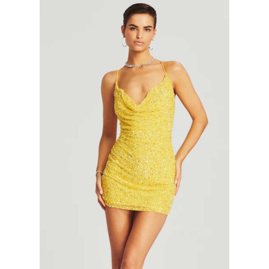 Retrofete Mich Sequin Mini Dress In Yellow Cowl Neck Spaghetti Strap Sz S Small